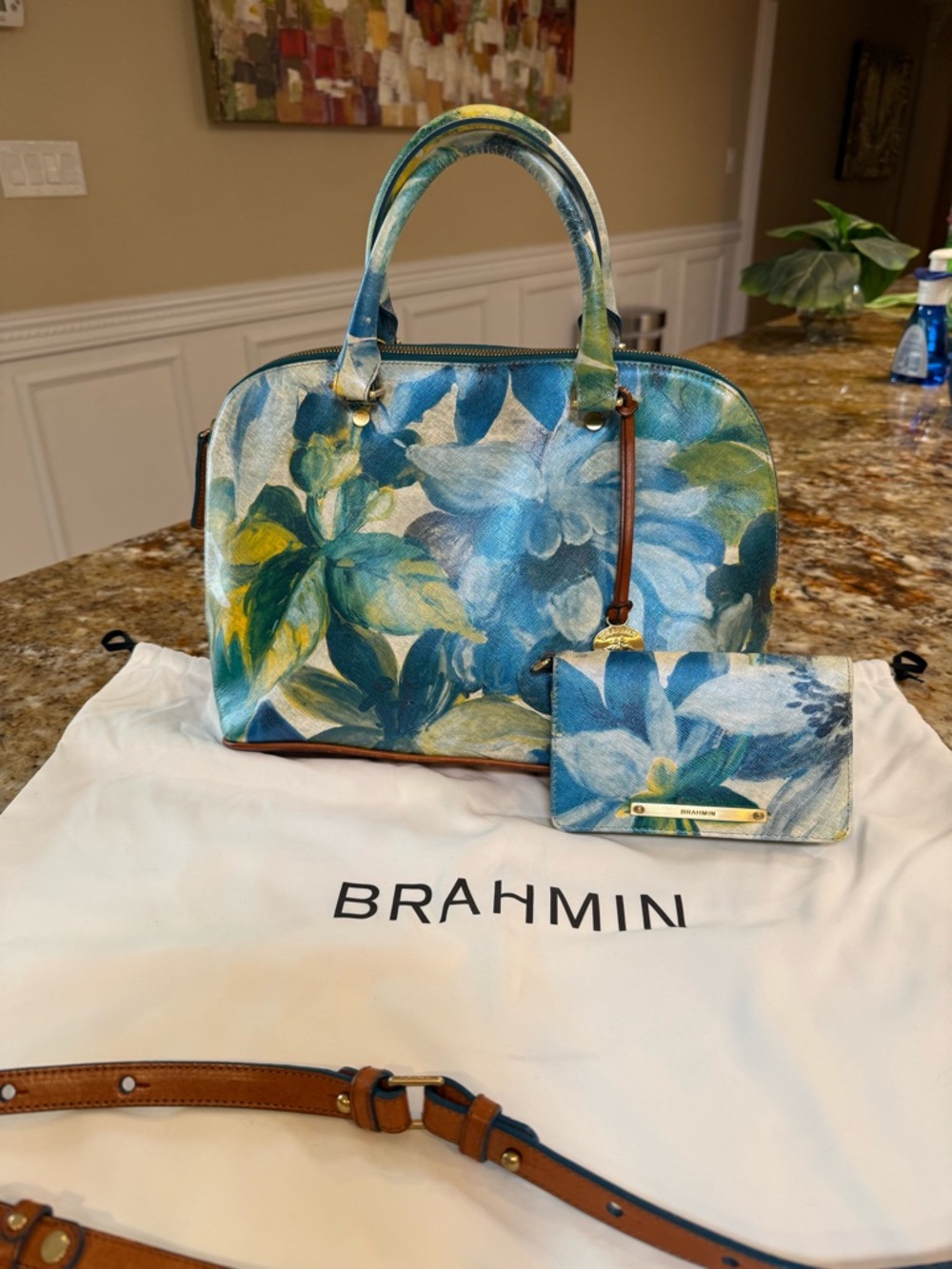 Brahmin Blue and Green Floral Leather Satchel with Wallet